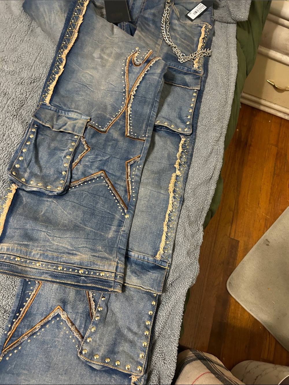 Men's Blue Distressed Bootcut Cargo Jeans with Stud and Flame Detail - Picture 3 of 5